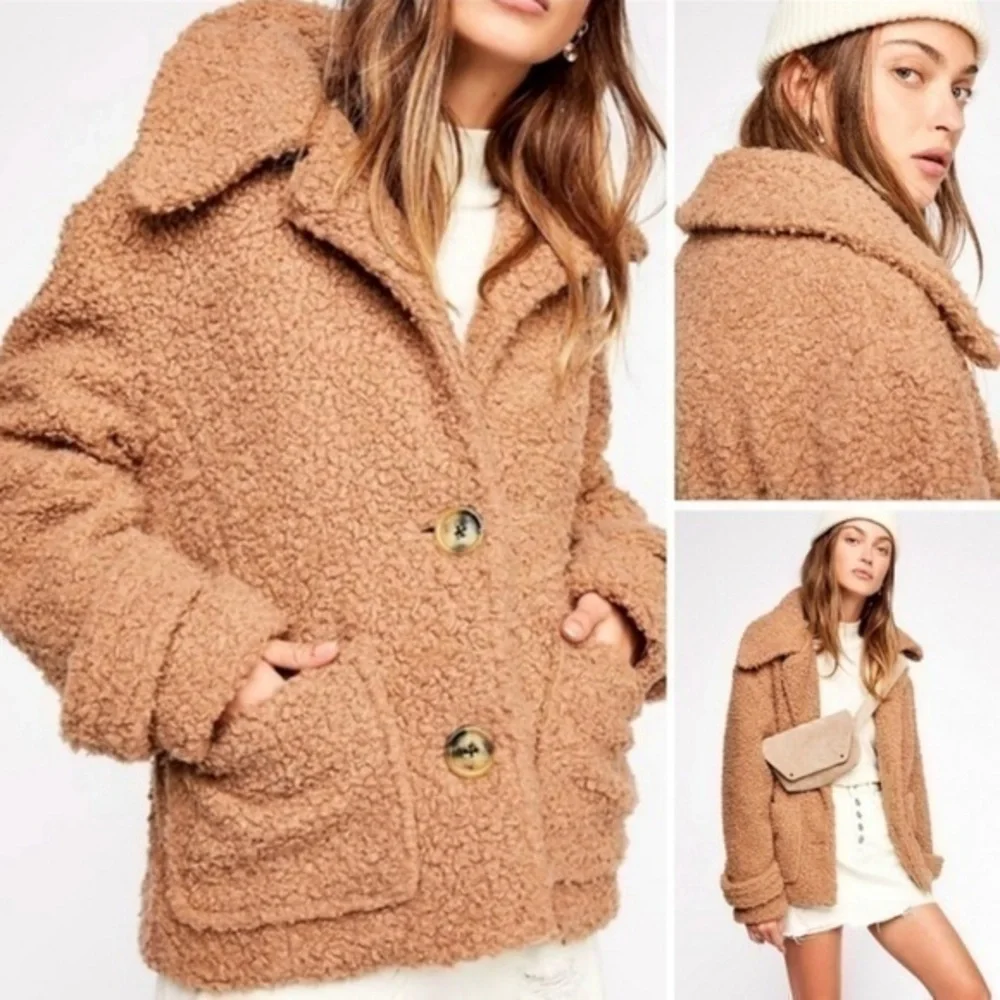 Free People So Soft Cozy Peacoat Teddy Sherpa Coat in Camel/Brown